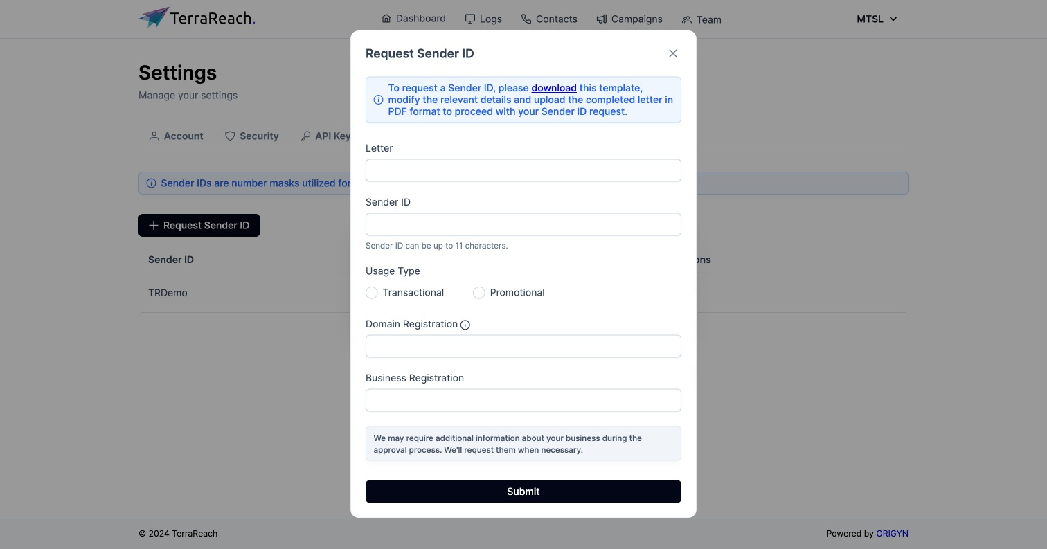 Request a Sender ID - TerraReach Documentation