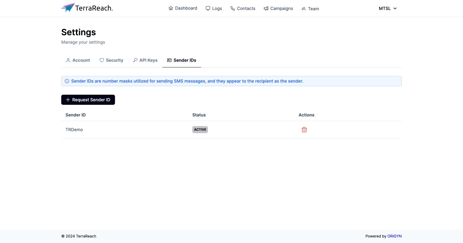 Request a Sender ID - TerraReach Documentation